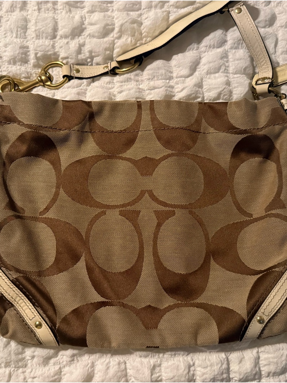 COACH Signature Canvas Shoulder Bag in Brown with White Accents
